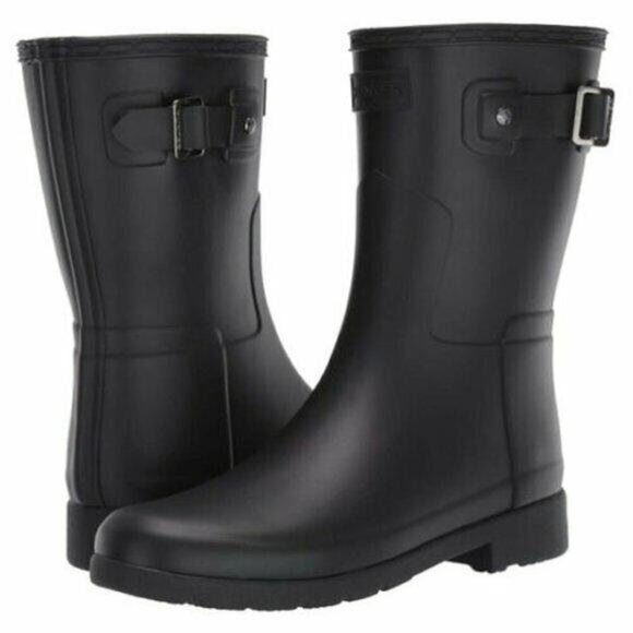 Hunter Original Refined Short Buckle Pull On Black Women's Rain Boots 11 New - Picture 1 of 9